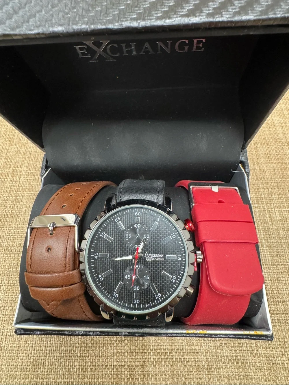American Exchange Men’s Quartz Analog Silver Tone Black Dial Strap Set Box